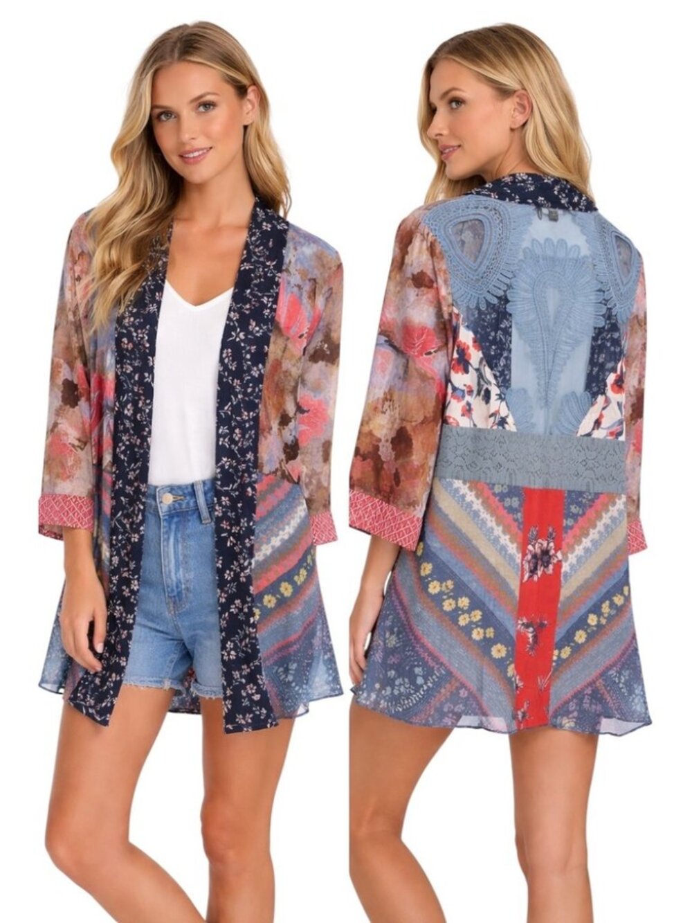 John Mark Mixed Floral Print Lace Inset Open Front Kimono Medium Boho Hippie